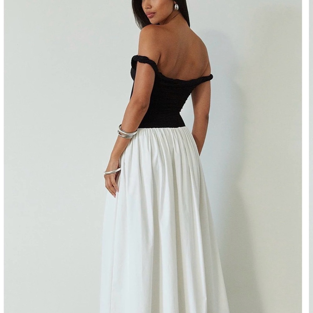Off Shoulder Boutique Dress - Two Toned Black Top and Rich Brown Bottom.